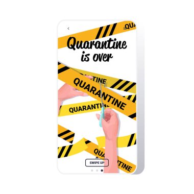 İnsan eli makas tutuyor ve sarı bant koronavirüsü kesiyor. Karantina sona erdi.