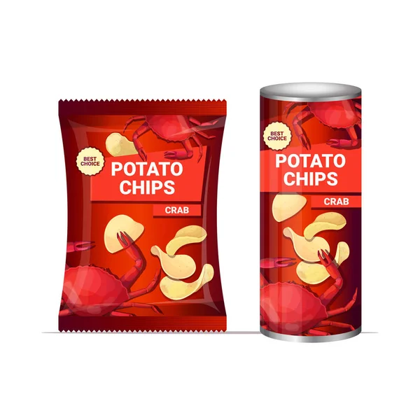 Chips de pomme de terre avec croustilles saveur de crabe pommes de terre naturelles et modèle de conception de publicité d'emballage — Image vectorielle
