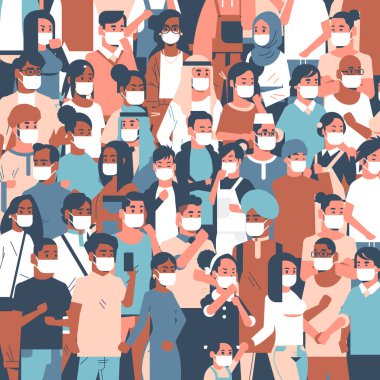 Tıbbi maskeler takan bir grup insan Coronavirus 2019-nCoV salgını salgını salgın hastalık karantina konsepti erkekler birlikte duran kadın portresi