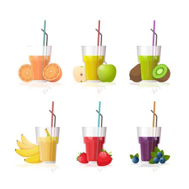 beyaz arka planda saman ve dilimlenmiş meyve toplama ile taze meyve suyu bardakları