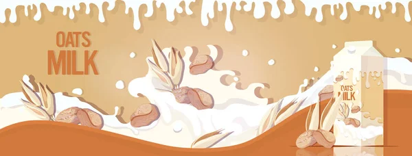 Latte vegano a base di avena con liquido spruzzante e latte biologico senza latticini naturale biologico in confezione di carta orizzontale — Vettoriale Stock