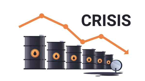 Barils de pétrole et graphique à la baisse flèche baisse des prix baisse des coûts du pétrole concept de crise horizontale — Image vectorielle