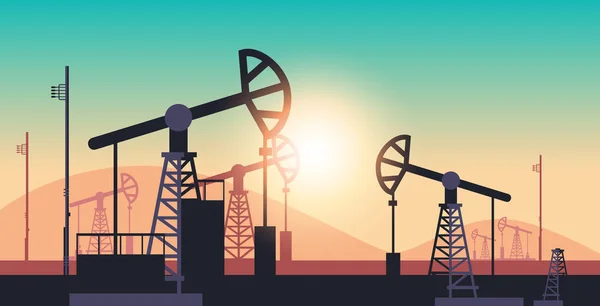 Pumpa petroleum produktion handel oljeindustrin koncept pumpar industriell utrustning borra rigg solnedgång bakgrund horisontell — Stock vektor