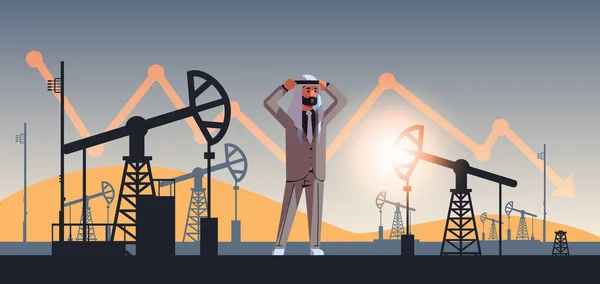 Arabic επιχειρηματίας απογοητευμένοι από την πτώση βέλος διάγραμμα τιμή μείωση του κόστους πετρελαίου κρίση έννοια αντλία jack βιομηχανικού εξοπλισμού γεώτρηση εξέδρα οριζόντιο πλήρες μήκος — Διανυσματικό Αρχείο
