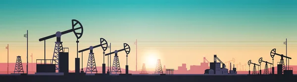 Pumpjack παραγωγή πετρελαίου εμπόριο πετρελαίου βιομηχανία έννοια αντλίες βιομηχανικού εξοπλισμού γεώτρηση εξέδρα ηλιοβασίλεμα φόντο οριζόντια — Διανυσματικό Αρχείο