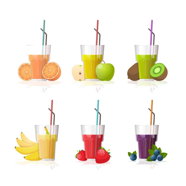 Set glass of fresh juice with straw and sliced fruit collection isolated on white background - Stok Vektor