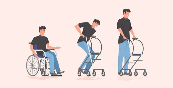 Ewolucja pacjenta niepełnosprawnego siedzącego na wózku inwalidzkim z kulami koncepcja rehabilitacji poziomej pełnej długości — Wektor stockowy