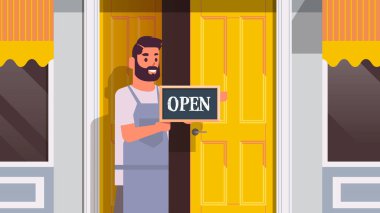 Garson, açık tabela koronavirüs karantinası Covid-19 konsept sokak kafesi dış portresi zaferini sona erdiriyor.