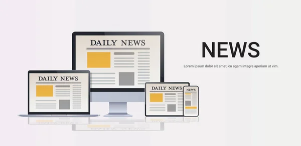 Articles quotidiens sur les appareils numériques écrans application journal en ligne communication médias de masse — Image vectorielle