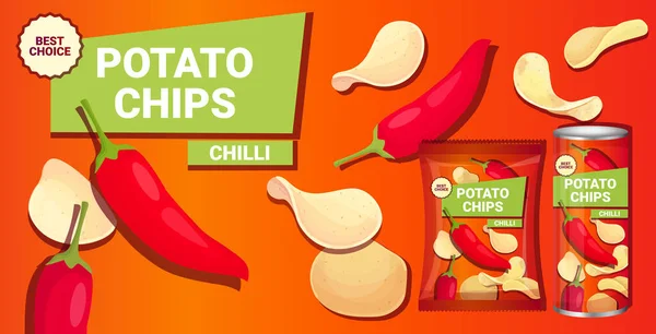 Burgonyaszirom chili ízesítéssel, csipsz reklámösszetétele, természetes burgonya és csomagolás — Stock Vector