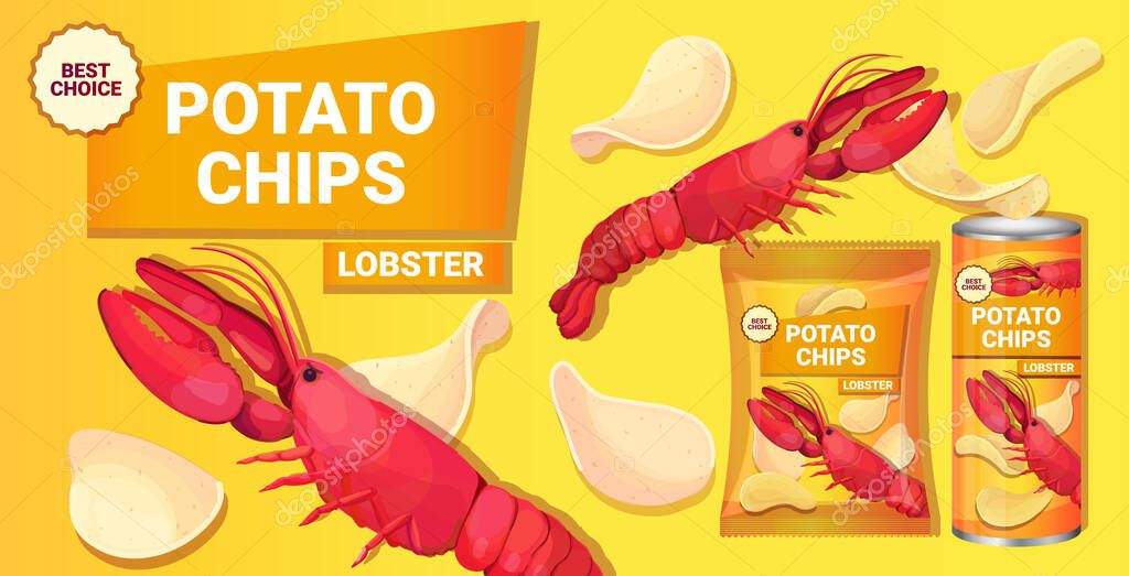 Potato chips with lobster flavor advertising composition of crisps natural potatoes and packaging ads design template horizontal vector illustration