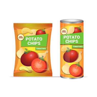 Domates aromalı patates cipsi patates cipsi, patates cipsi ve ambalaj reklam şablonu.
