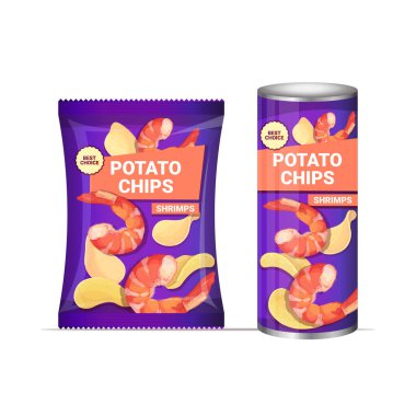 Patates cipsi ve karides aromalı cips doğal patates ve ambalaj reklam şablonu.
