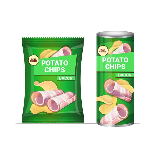 Chips de pommes de terre avec bacon saveur chips pommes de terre naturelles et modèle de conception de publicité d'emballage — Image vectorielle