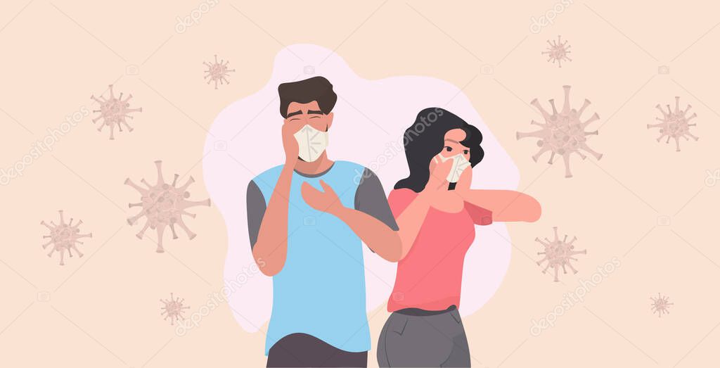 couple in medical masks coughing man woman having symptoms of coronavirus infection covid-19 pandemic