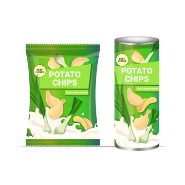 Patates cipsi ve soğan aromalı cips doğal patatesler ve ambalaj reklam şablonu.