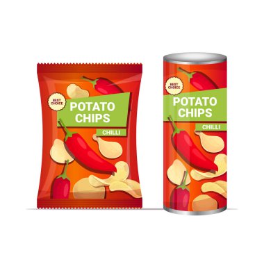 Kırmızı biberli patates cipsi, patates cipsi, doğal patates ve ambalaj reklam şablonu.