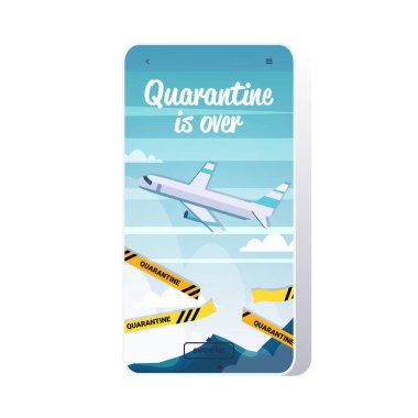 Gökyüzünde uçan uçak sarı bant koronavirüsü karantinası covid-19 virüs salgınının sona ermesiyle sona erdi.