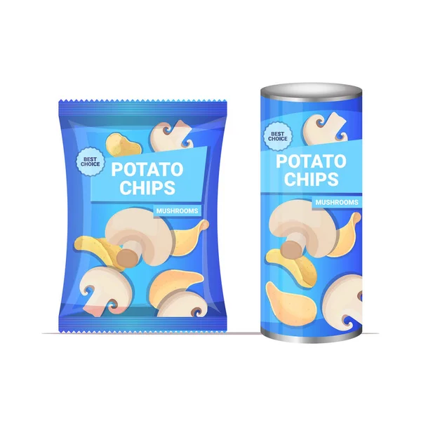 Patates cipsi ve mantar aromalı cips. Doğal patates paketleme reklam şablonu. — Stok Vektör