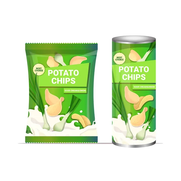 Patates cipsi ve soğan aromalı cips doğal patatesler ve ambalaj reklam şablonu. — Stok Vektör