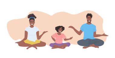 Ailesi yoga egzersizleri yapıyor. Afrikalı Amerikalı ebeveynler ve kızı Lotus 'ta oturuyor. Sağlıklı bir yaşam tarzı.