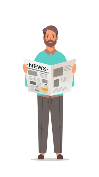 Hombre celebración periódico lectura diario noticias prensa medios de comunicación de masas concepto de longitud completa vertical — Vector de stock