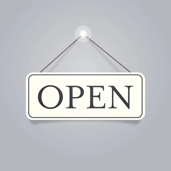 Otwarte drzwi reklama znak sklep otwarcie etykieta koncepcyjna z tekstem płaski — Wektor stockowy