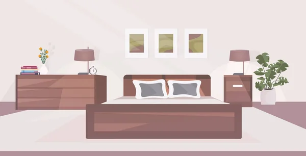 Μοντέρνο υπνοδωμάτιο εσωτερικό άδειο δεν υπάρχουν άνθρωποι σπίτι δωμάτιο με έπιπλα οριζόντια — Διανυσματικό Αρχείο
