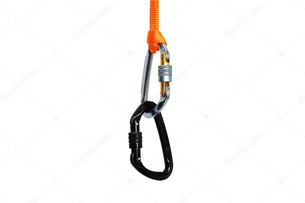 Two connected carabiners isolated 