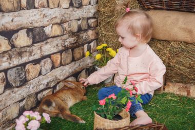 Canlı bir kahverengi tavşan ile kız bebek