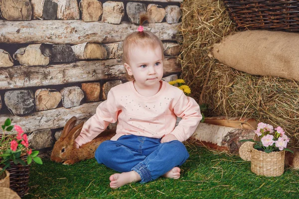 Bambina con un vivace coniglio marrone — Foto Stock