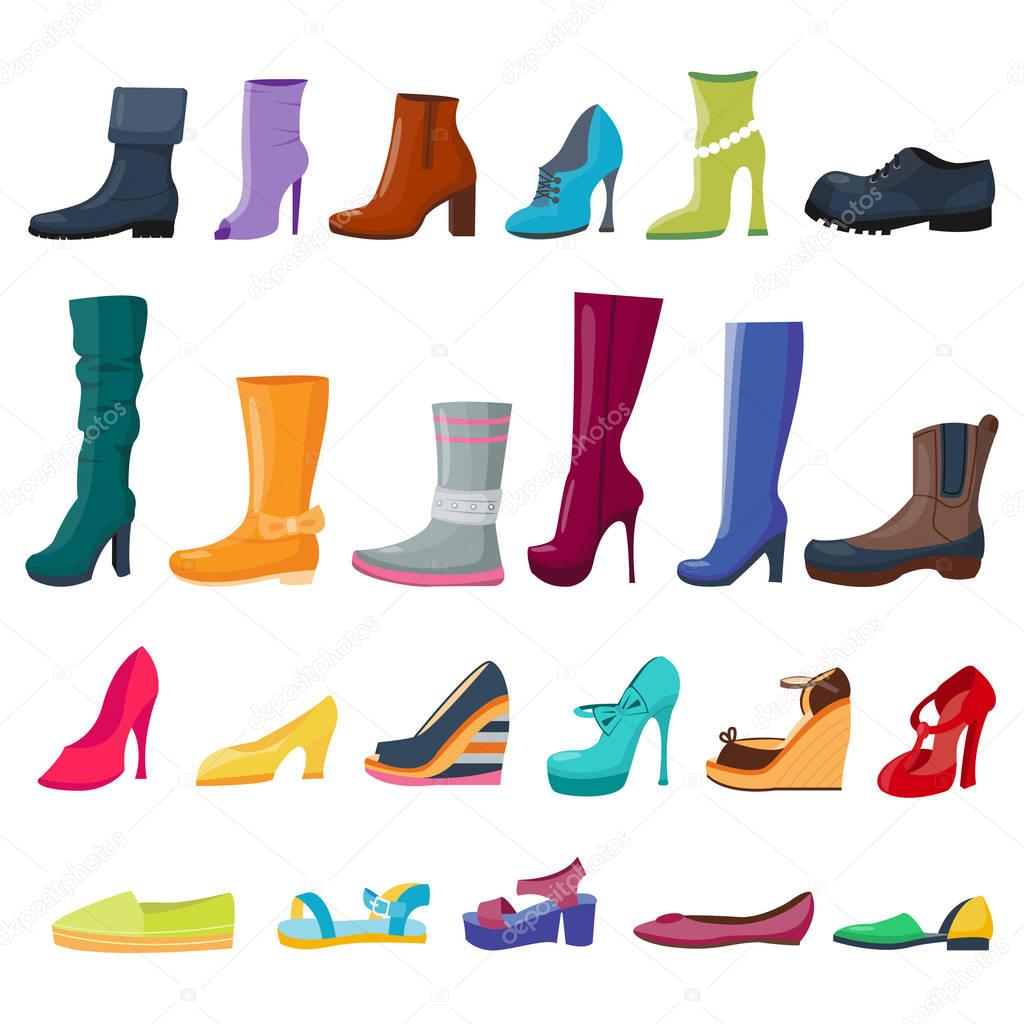 Set of colorful shoes and boots for women and men