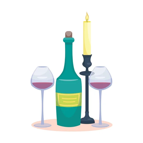 Wine bottle and glasses with candle — Stock Vector