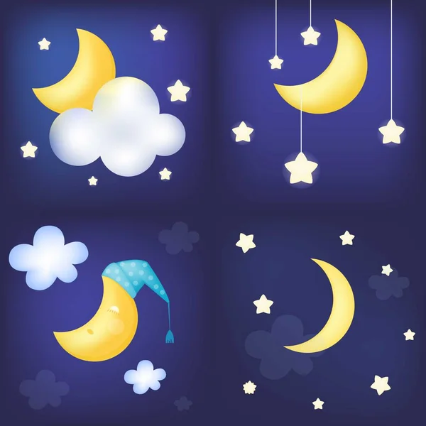 Moons on the blue sky with yellow stars and clouds — Stock Vector