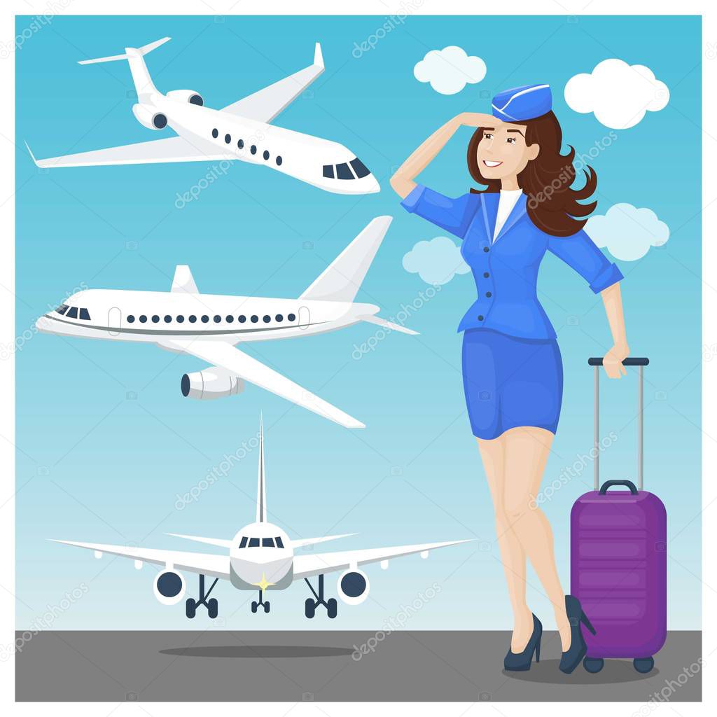 Stewardess brunette and plane set in blue and white colors