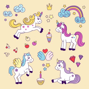 Tek boynuzlu at koleksiyonu vektör.