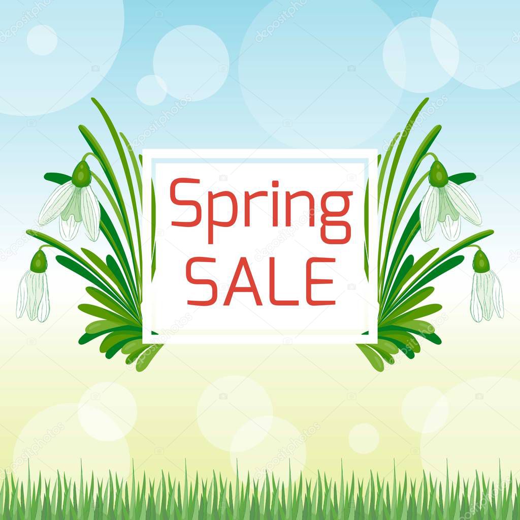 Spring sale banner. Green and fresh colours. Vector illustration. Cartoon style.