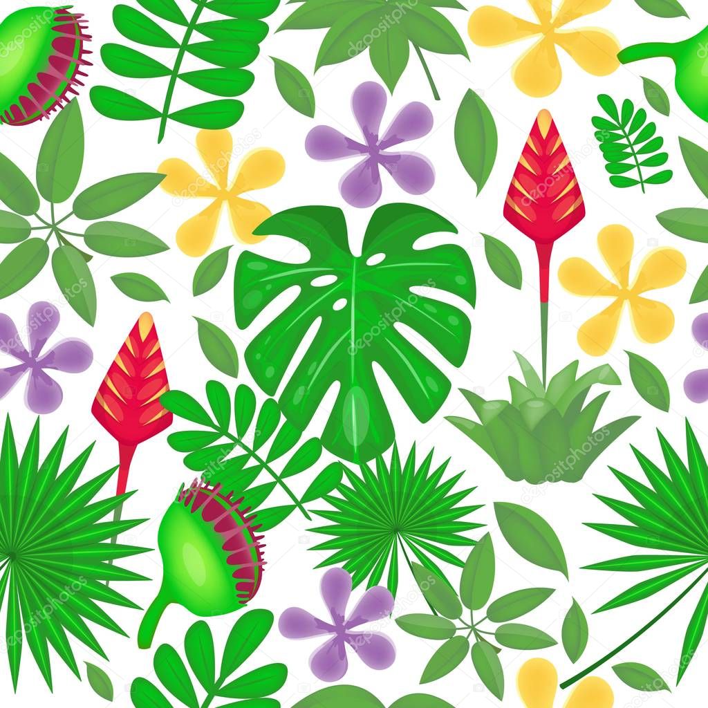Jungle seamless pattern with tropical leaves and flowers on the white background. Vector illustration. Cartoon style.