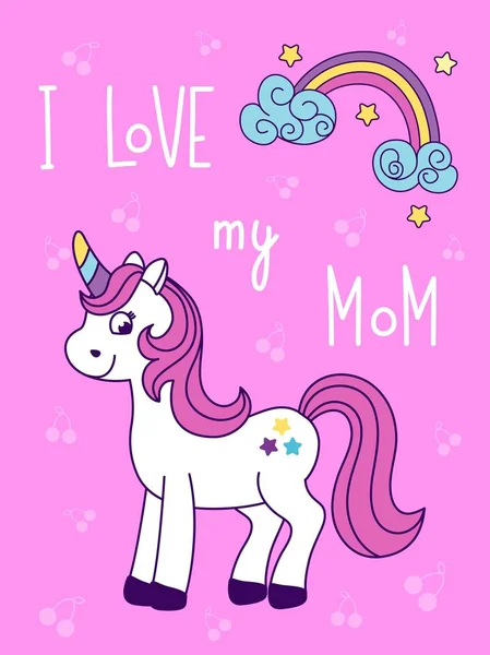 Carta Unicorno Carino Con Citazione Amo Mia Madre Pony Bianco — Vettoriale Stock