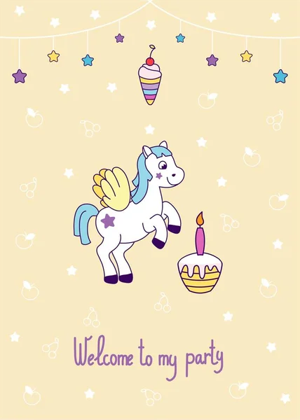 Bonita Tarjeta Pony Con Presupuesto Bienvenido Fiesta Pony Blanco Con — Archivo Imágenes Vectoriales