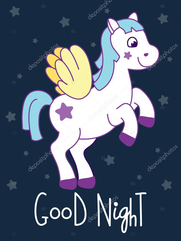 Cute pony card with quote: Good night. White pony with wings. Funny horse for kids. Vector illustration, cartoon style.