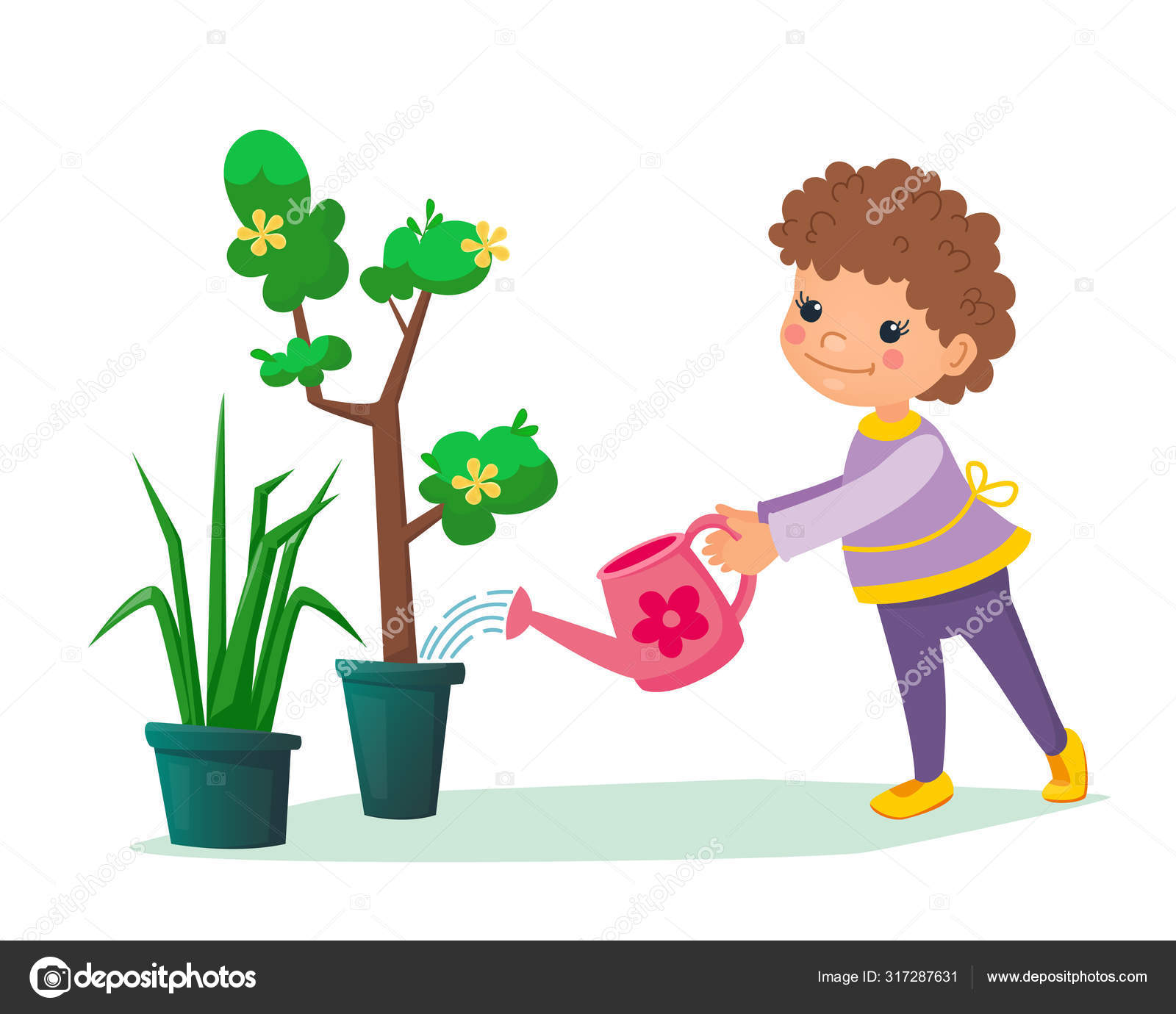Little child holding a water can in his hands and watering tree with  flowers in the