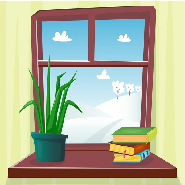 Fenêtre d'hiver confortable avec belle vue avec arbres et champ de neige. Livre et plante domestique dans le pot sur le rebord de la fenêtre. Concept hygge. Illustration vectorielle dessin animé plat — Image vectorielle