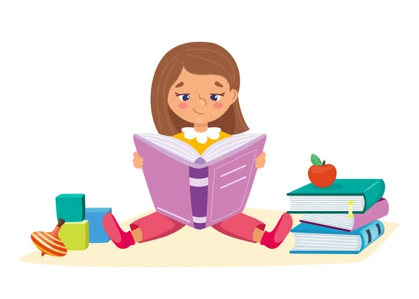 Petite fille lisant et assise avec des livres et des jouets. Les enfants apprennent le concept éducatif. Les enfants passe-temps intellectuel. Intelligent enfant intelligent. Illustration vectorielle, dessin animé plat — Image vectorielle