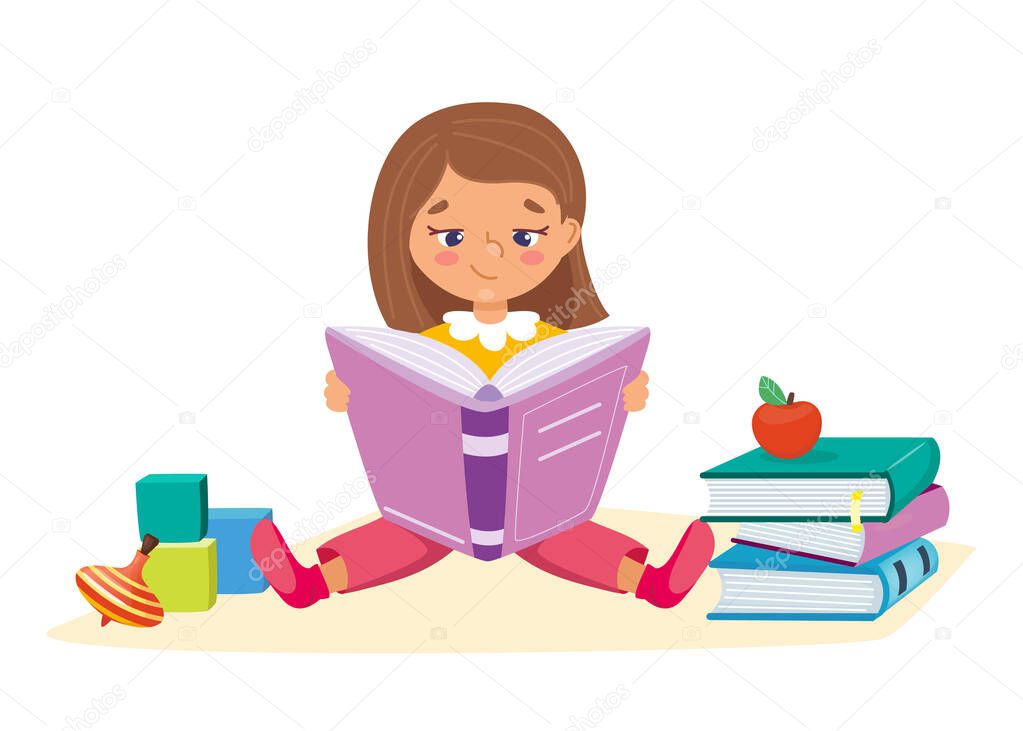 Little girl reading and sitting with books and toys. Kids learning education concept. Children intellectual hobby. Smart clever child. Vector illustration, cartoon flat