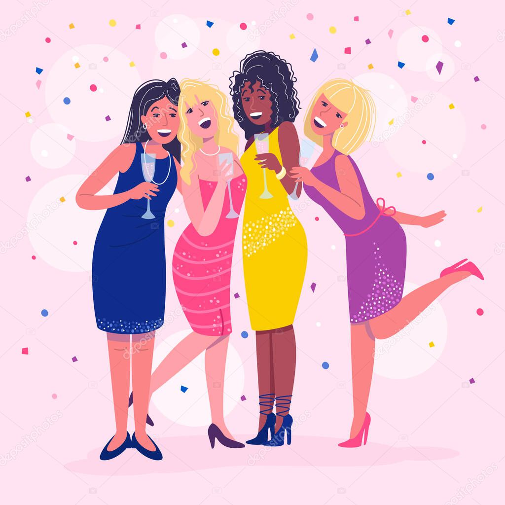 Laughing glamour young women with glasses of drinks celebrating girls night out in the club. Confetti background. Funny nightlife. Drank and boozy funky people. Vector cartoon flat illustration.