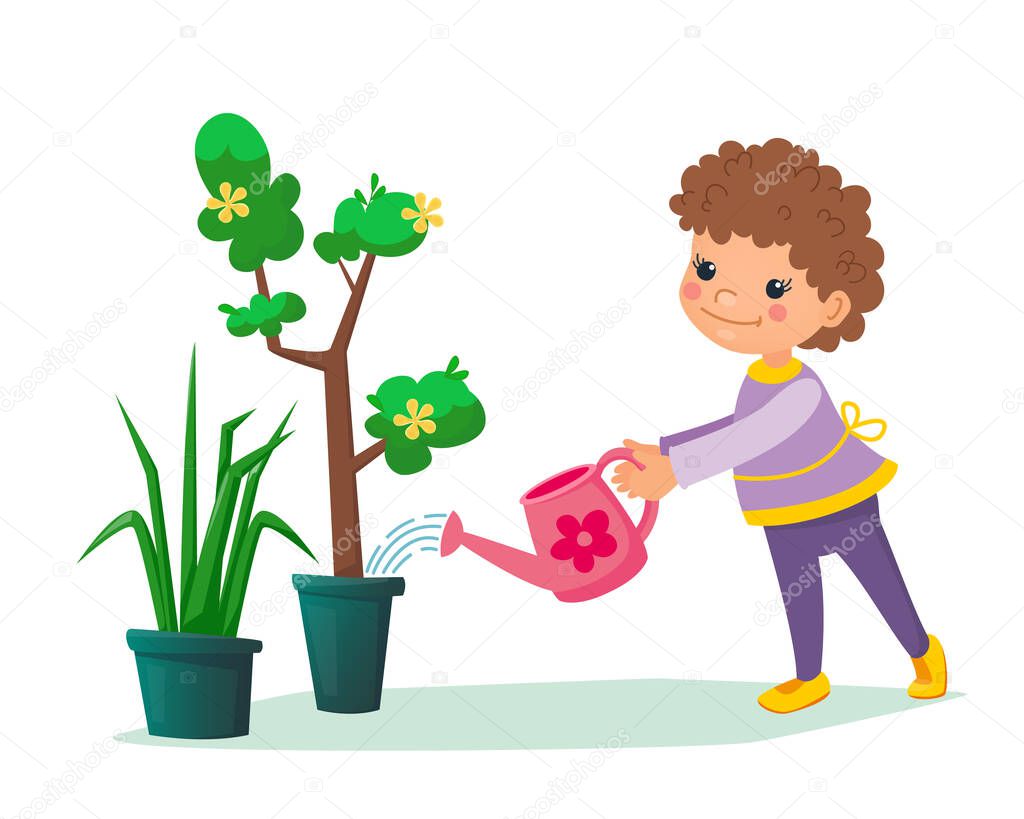 Little child holding a water can in his hands and watering tree with flowers in the pot. Boy or girl taking care about domestic plants. Gardening eco concept for children. Cartoon vector illustration.