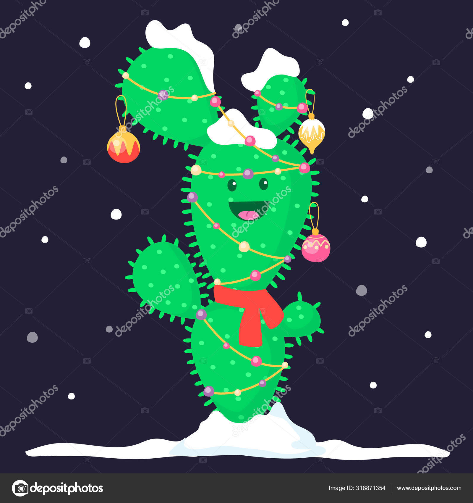 雪とガーランドとおもちゃで飾ら面白いクリスマスサボテン 笑顔の植物