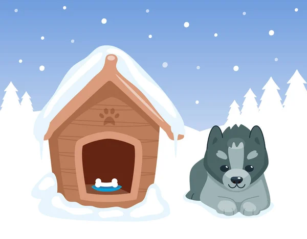 Puppy and doghouse. Dog sitting near his snowing house. Winter forest. cartoon animal character. Vector illustration. — Stock Vector