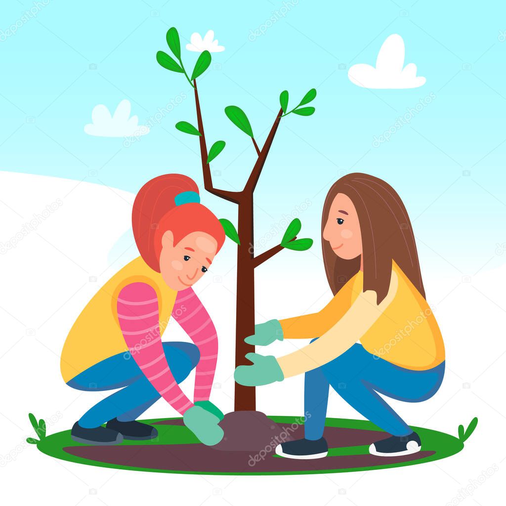 Girls planting the young tree. Children gardening. Care the nature concept. Vector cartoon illustration.